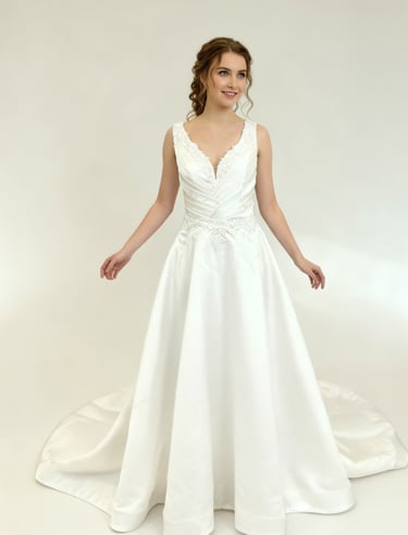 Elegant white satin A-line wedding dress with lace V-neckline and pleated bodice detailing.