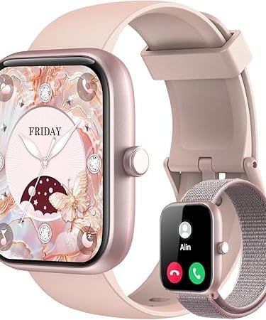 Pink rose gold smartwatch with a decorative floral butterfly face and an adjustable silicone strap.