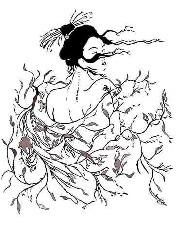 Ilustración oriental que representa a La Hija del Gran Rio del Cielo, de Óscar Ocaña Parrón. Tinta china sobre lienzo