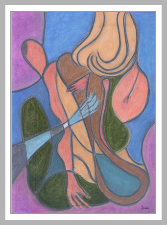 Stylized abstract figure with elongated limbs and flowing hair; warm oranges and browns interlock wi
