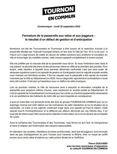 Communiqué de presse du colelctif Tournon en Commun