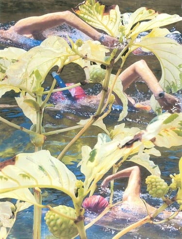 A collage of an woman swimming with numerous plant leaves mixed throughout. 