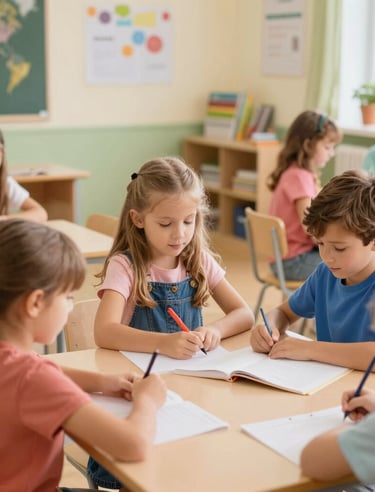 Teacher and children engaging with interactive learning games on tablets.