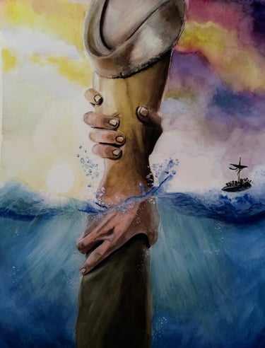 a painting of a woman's hand holding a hat