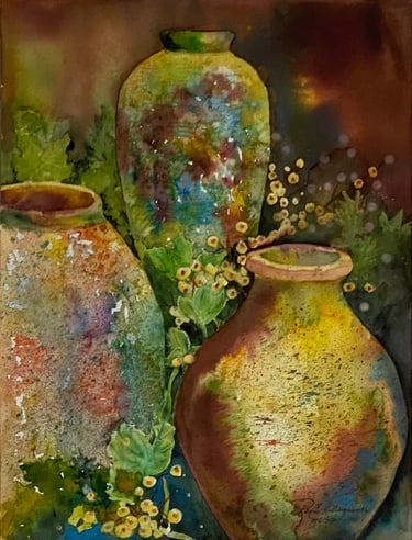 Rustic clay vessels surrounded by soft greenery, tiny yellow blossoms in a cozy organic environment