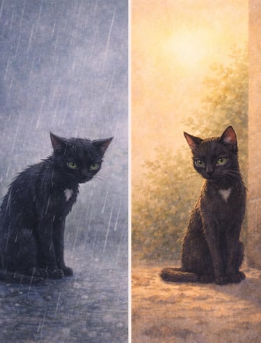 Interior illustration showing contrast in weather and light, reflecting hardship and endurance in a