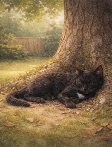 Illustration of Slim Shady resting beneath a tree, conveying vulnerability through stillness.