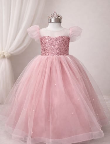 Elegante vestido rosa para niña de fiesta con talle bordado con lentejuelas, falda de tul