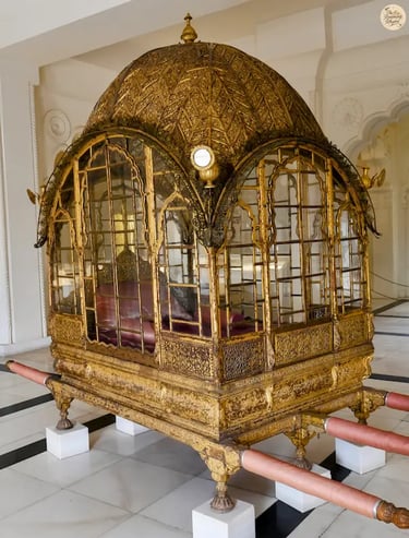 Intricate golden palki with lattice work, Daulat Khana Mehrangarh Fort Jodhpur.