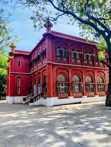 Beautiful red historic building of Thanjavur Museum in Tamil Nadu