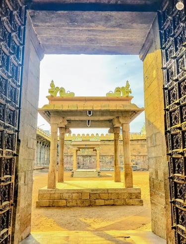 Grand temple gate of Sri Ranganathaswamy Temple leading to the open courtyard in Srirangam, Tamil Nadu.
