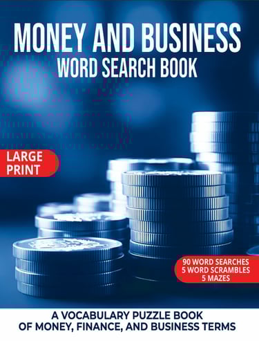 Money and Business Word Search Book cover with stacks of coins.