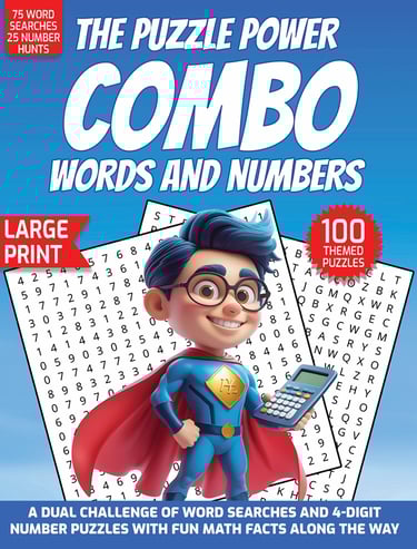 puzzle power combo word number searches large print educational math themed puzzle book liora onyx cover