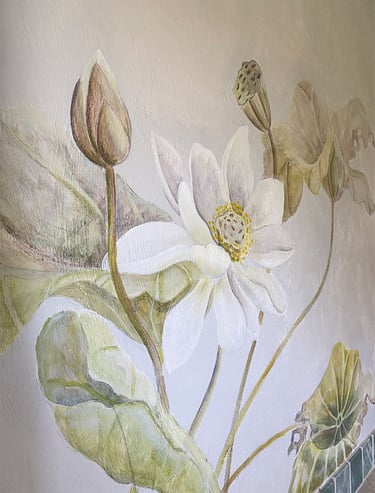 Spa bath mural with white lotus flower and lotus seedpod with koi fish taking refuge amongst flora.