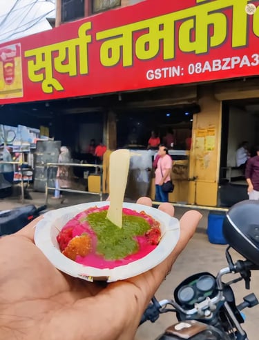 Plate of Nargisi Kofta in Jodhpur, with fresh coriander and mint chutney.