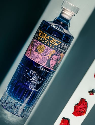 Mystic Rose, Mountain gin, Rose petals, Indigo gin. 