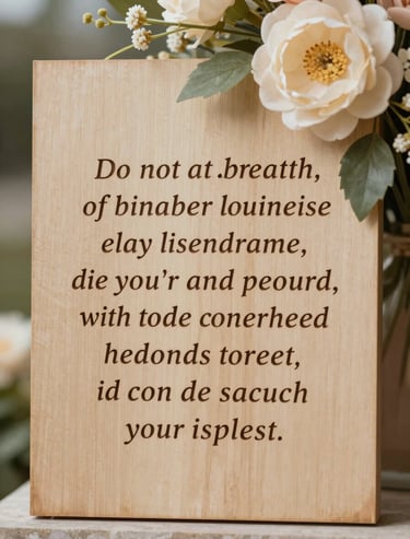 A beautiful memorial wood plaque featuring a laser-engraved quote and a delicately placed floral arrangement, shot with soft, feminine lighting and warm neutral tones.