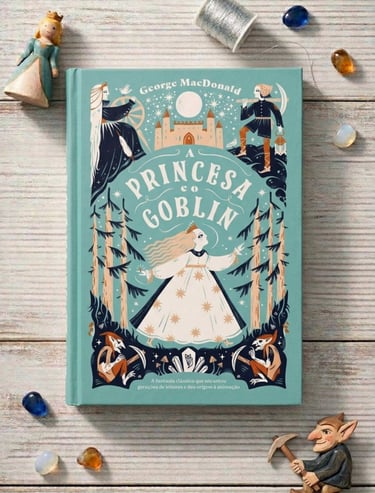 Illustrated book cover of A Princesa e o Goblin by George MacDonald with fantasy characters and gemstones.