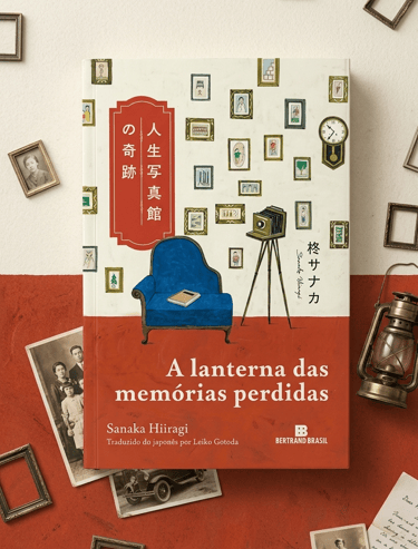 A lanterna das memórias perdidas book by Sanaka Hiiragi surrounded by vintage photos and frames.
