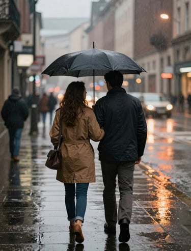 A cinematic street photography shot of a couple walking in the rain with a charcoal umbrella, warm terracotta city lights reflecting on pavement.