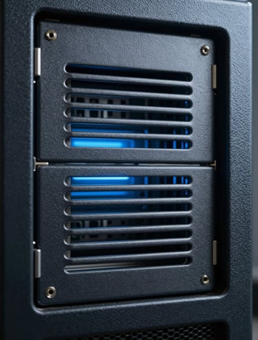 An artistic close-up of a secure server's ventilation panel with soft steel blue light leaking through. Dark slate grey texture, professional and mysterious mood.