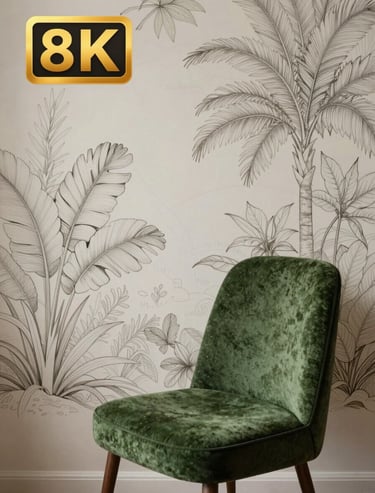 An atmospheric shot of a studio corner featuring a moss green chair and a large canvas with a delicate, nature-inspired line drawing mural in progress.