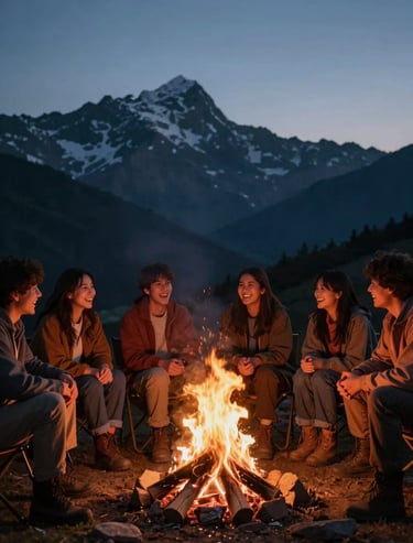 A group of friends laughing around a campfire in the mountains during the blue hour. The fire provides a warm terracotta glow against the cool charcoal sky.
