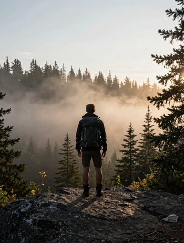 Adventure lifestyle shot of a hiker looking out over a North American forest at dawn, sun-drenched mist, cinematic and charcoal silhouettes.