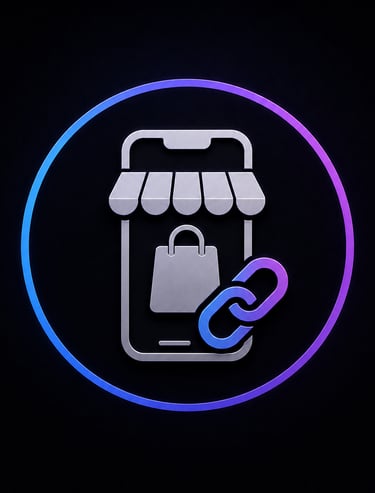 A 3D mobile shopping app icon with a link symbol representing e-commerce affiliate marketing.