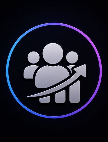 Silver business growth icon showing people and rising arrow in a blue and purple neon circle.