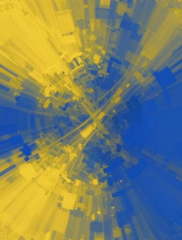 Abstract energetic painting with sweeping strokes of yellow #E2B941 and deep blue #0A1128, expressing movement and creativity.