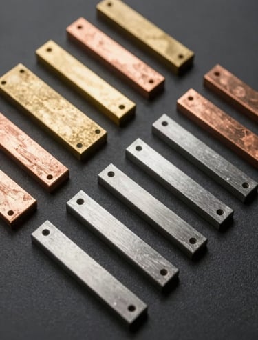 A collection of metal material samples—brass, copper, and stainless steel—laid out on a dark charcoal surface. Top-down view, clean and professional arrangement for an interior design presentation.