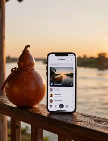 A high-quality lifestyle photograph taken in the South American Argentine Litoral during late afternoon. A modern smartphone displaying a radio streaming application stands next to a traditional leather-wrapped matte gourd on a rustic wooden balcony overlooking a golden river. Warm earth tones of deep terracotta and golden amber, cinematic lighting.