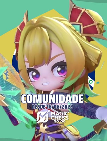 Logotipo temático da Comunidade Brasileira de Magic Chess Go Go com a comandante Wanwan
