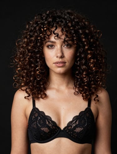 Studio portrait of an adult female model under atmospheric dark lighting, high-contrast pink rim lighting casting soft highlights, premium seductive style, Latin American / Global style.