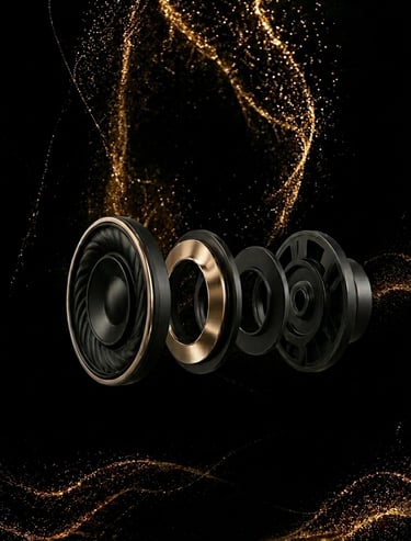 Vue éclatée driver audio Casque sans fil premium Sony WH-1000XM5 noir de luxe