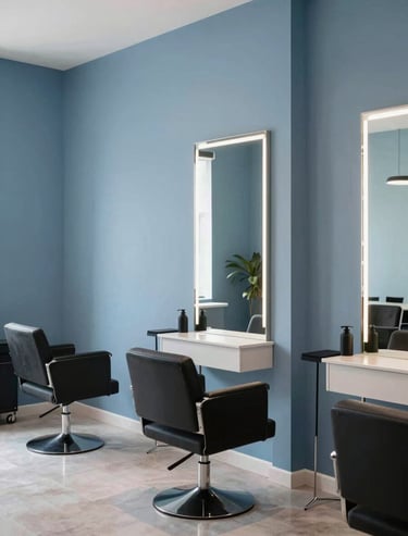 Minimalist interior of an event salon in Palmira Valle, showcasing a professional portrait area, sky blue and slate blue decorative elements.