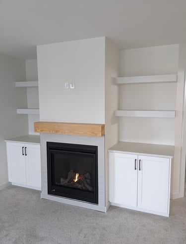 modern fireplace with free floating shelves and storage