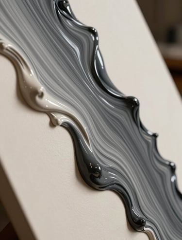 A close view of a work in progress where liquid pigment flows naturally across a tilted canvas, Soft off-white and Deep charcoal.