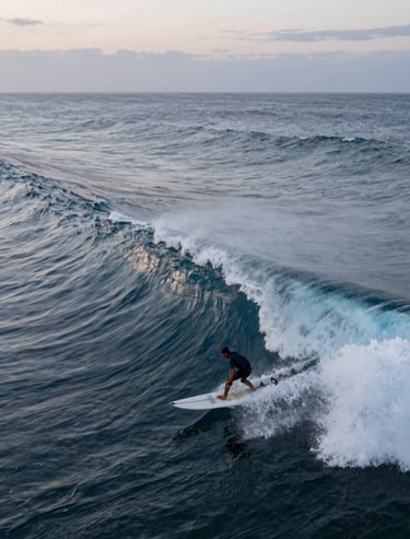 A high-speed drone shot capturing a surfer on a massive North American wave at dawn. Muted slate blue water tones and pale azure highlights on the spray.