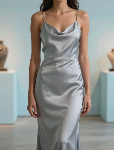 Fashion photography shot of a subject wearing a light grey silk dress, standing in a minimalist gallery space with baby blue accents. Soft, diffused lighting creates a serene and elegant atmosphere. South American setting.