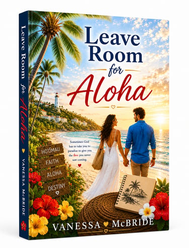 Leave Room for Aloha book cover featuring a couple holding hands on a tropical beach at sunset.