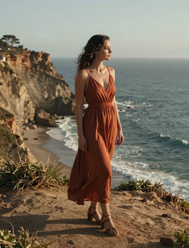 A cinematic shot of a woman in a terracotta dress standing on a North American / US cliffside overlooking the ocean. Sun-drenched atmosphere, warm brown tones.