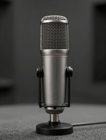 A close-up of a microphone in a recording booth, #0F0F0F shadows, soft #A8A8A8 highlights on the chrome, cinematic depth of field, minimalist.