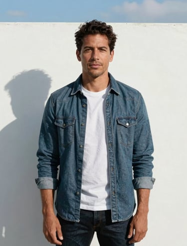 A professional portrait of an artist in North American / US casual attire standing against a clean cloud white wall with sky blue shadows.