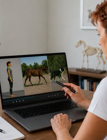 A person uses a laptop and stylus to perform motion capture analysis on images of a human, horse, and dog.