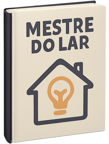 A 3D perspective of an ebook titled 'MESTRE DO LAR' featuring a house icon with a lightbulb inside. The cover is light beige with dark purple and orange accents.