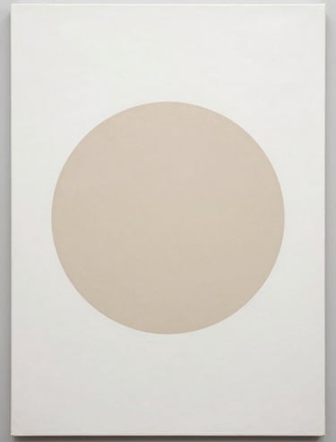 A minimalist painting of a single geometric circle in soft beige on a large off-white canvas, embodying clarity and visual impact in a North American setting.