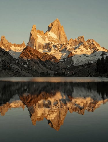 The peak of a North American / US mountain reflecting in a still alpine lake, golden hour lighting, serene atmosphere, sophisticated muted gold and sage colors.