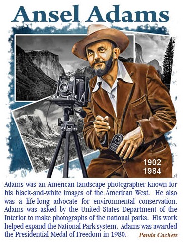 Cachet illustration of Ansel Adams with camera